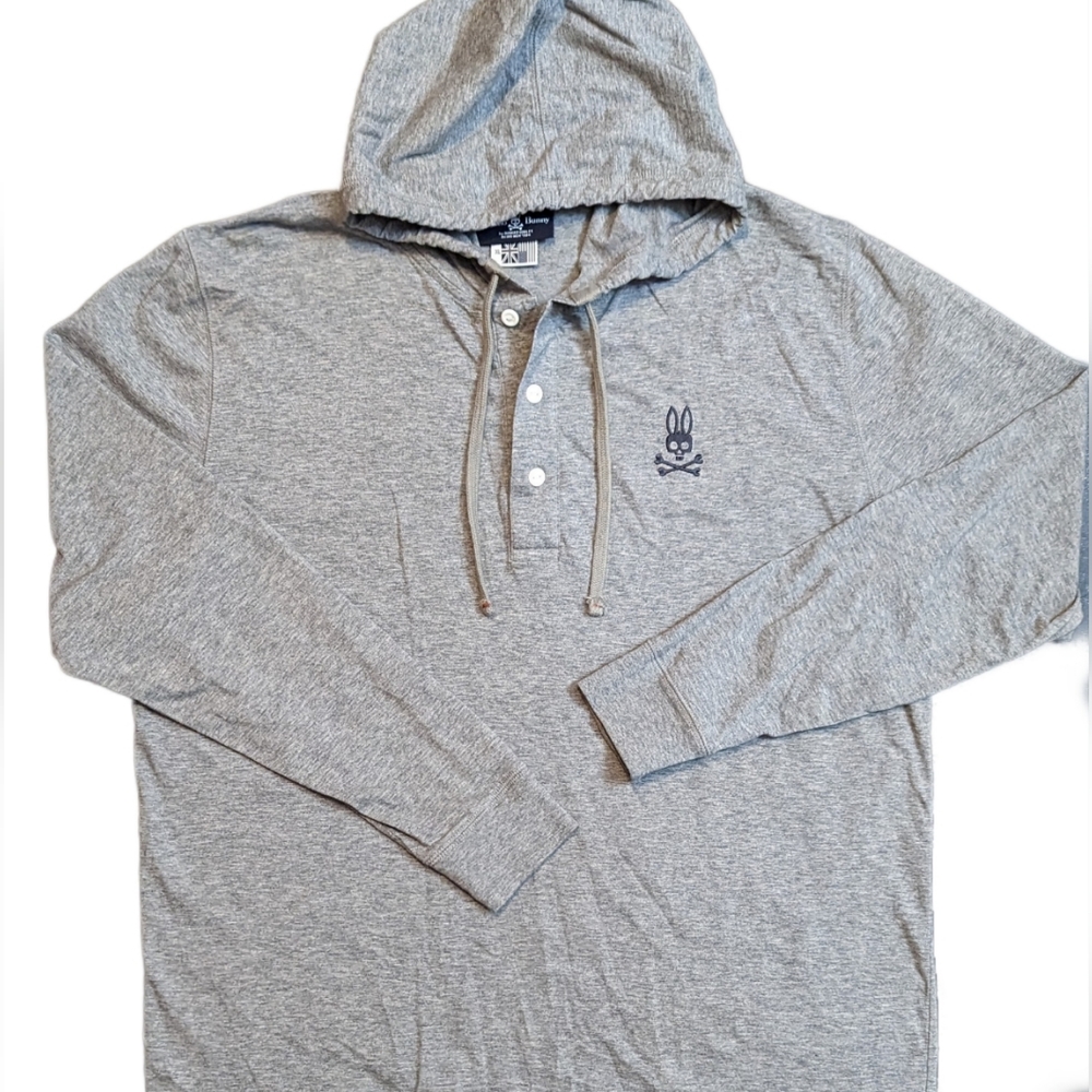 PSYCHO BUNNY Henley Hoodie, Men's XL, Grey, super soft pima cotton